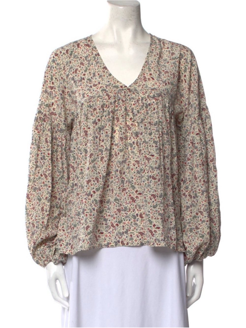 Doen Cream Floral V-Neck Balloon Sleeve Blouse